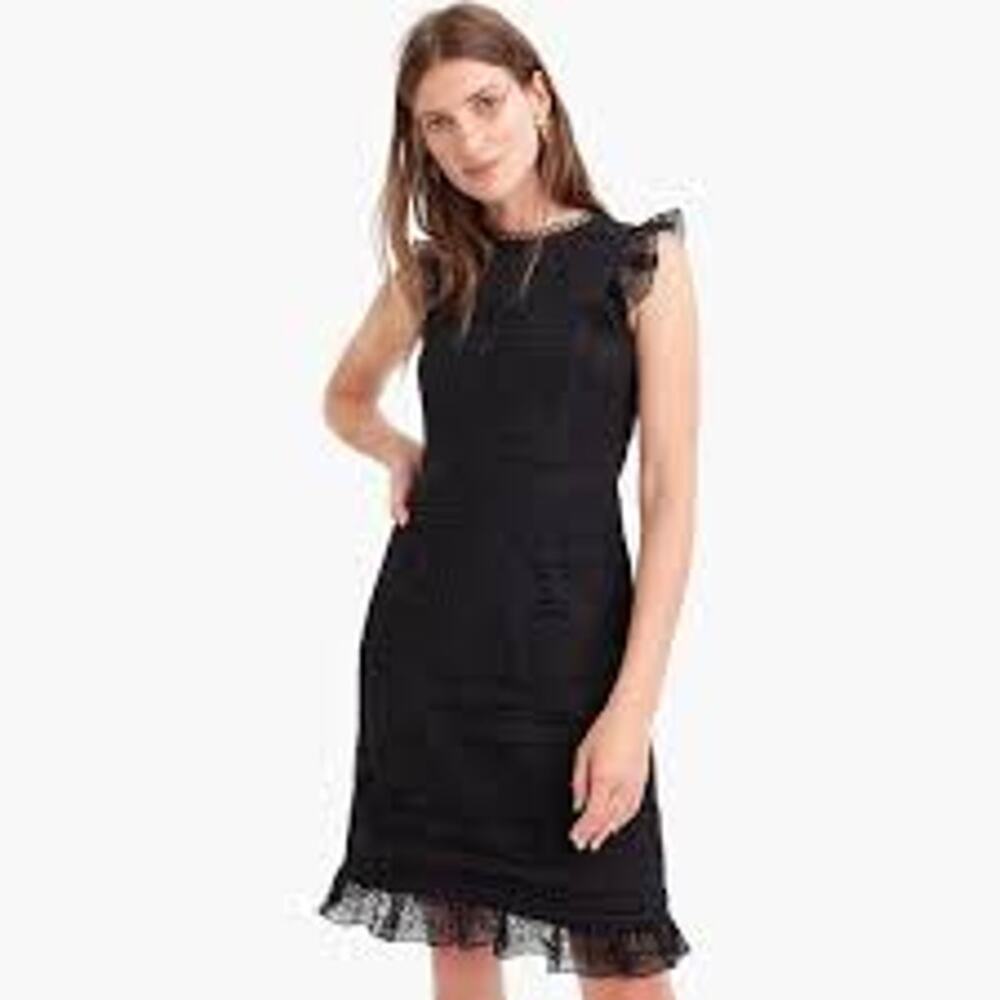 J. Crew Cap Sleeve Ruffle Dress Black Mixed Lace Fit Flare Party Women 16